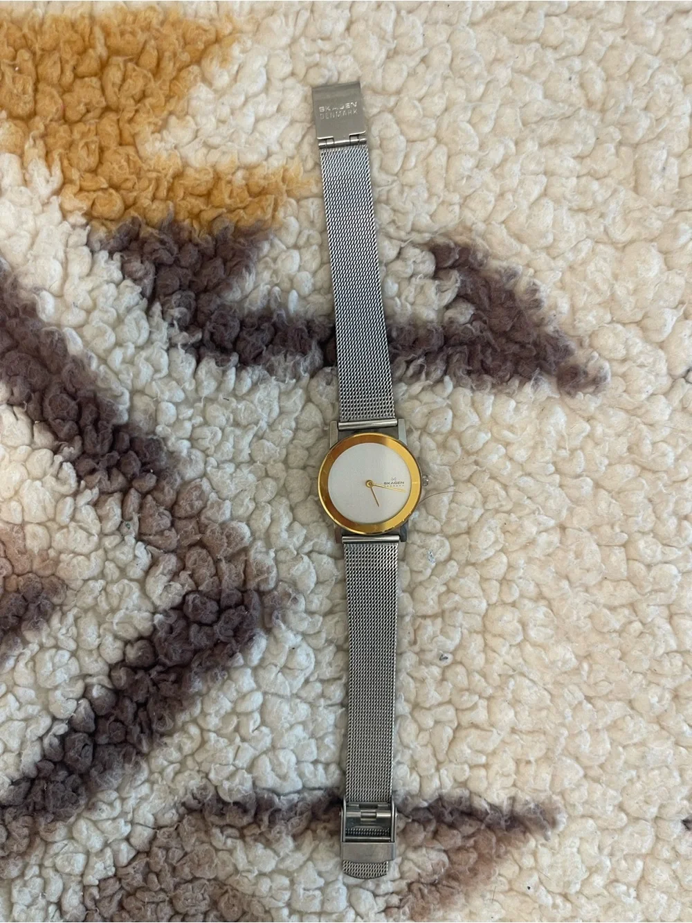 Skagen Silver Mesh Watch with Gold Bezel